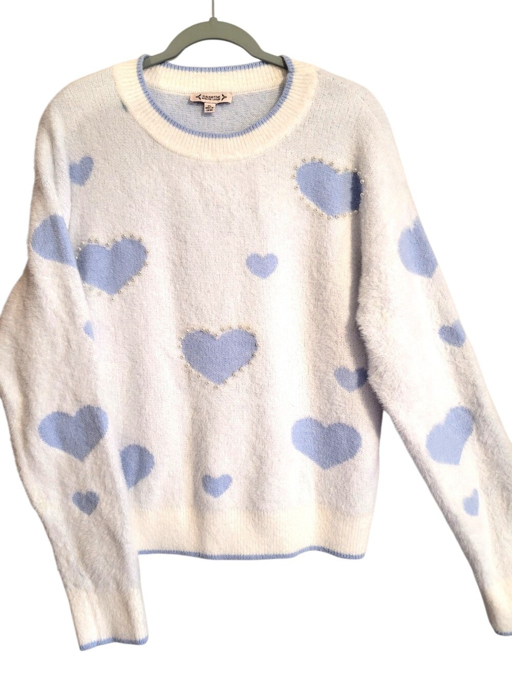 Nanette Lepore Fluffy White Sweater Blue Hearts Faux Pearls Wmn XL Cozy Soft